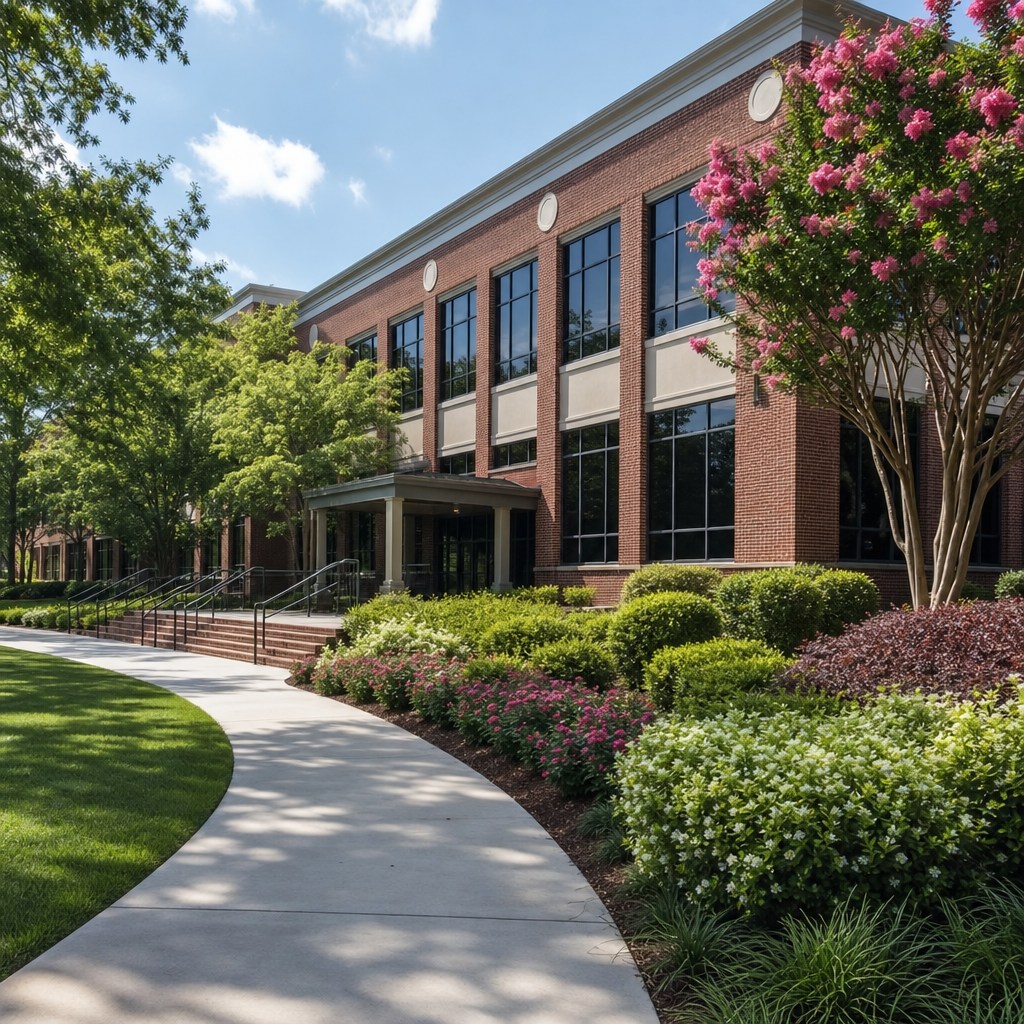 Commercial office building with maintained landscaping in Charlotte, North Carolina