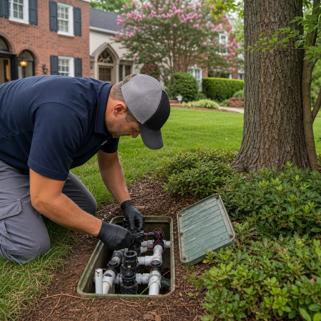 Technician repairing an irrigation valve box in a Charlotte, North Carolina yard