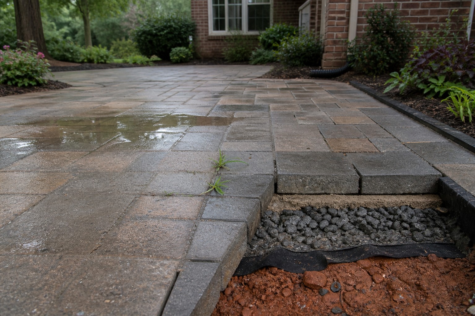 Charlotte paver patio after rain with settlement, joint loss, edge restraint, aggregate base, and red clay visible