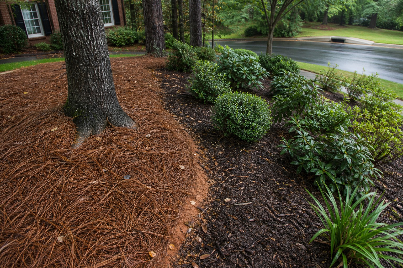 Charlotte planting bed using interlocking pine straw on a slope and shredded hardwood mulch on flat ground